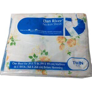 Vintage Dan River Twin Flat Sheet White Yellow Roses No Iron Fortrel 66x104 READ